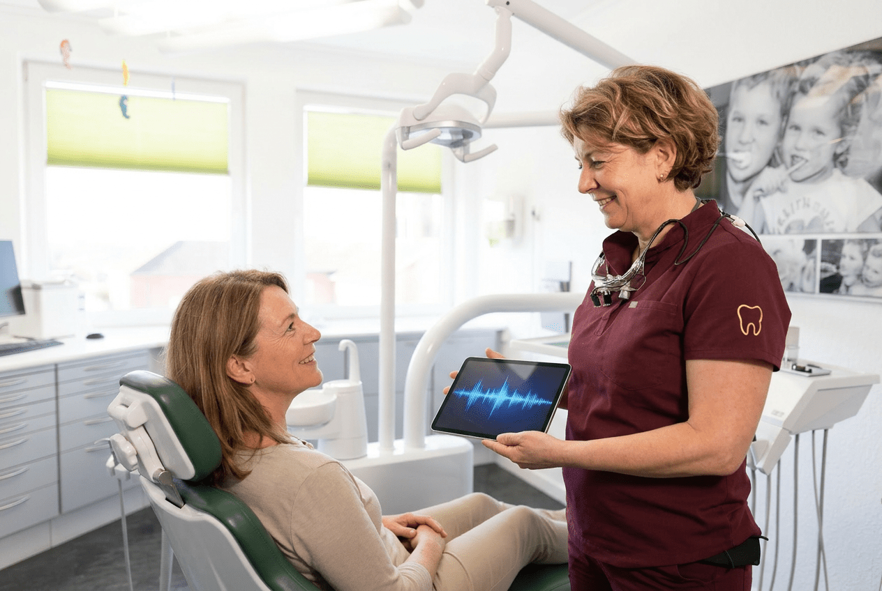 Zahnärztin Claudia Kerber-Vorwerk in ihrer Lübecker Praxis im Beratungsgespräch mit einem Patienten, Nutzung der KI-Dokumentation Sonia auf einem Tablet für mehr Zeit für den Patienten.
